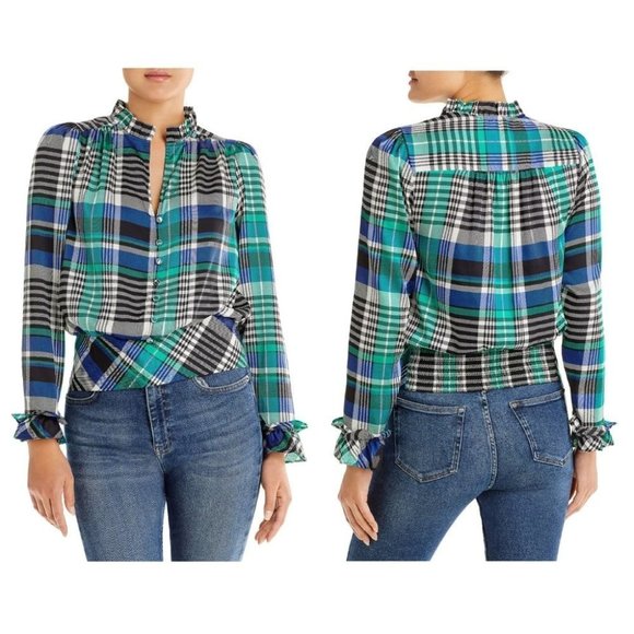 Karl Lagerfeld plaid smocked ruffled blouse yellow and blue - Picture 8 of 8